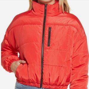 BP Red Cropped Puffer Jacket with Quilted Design